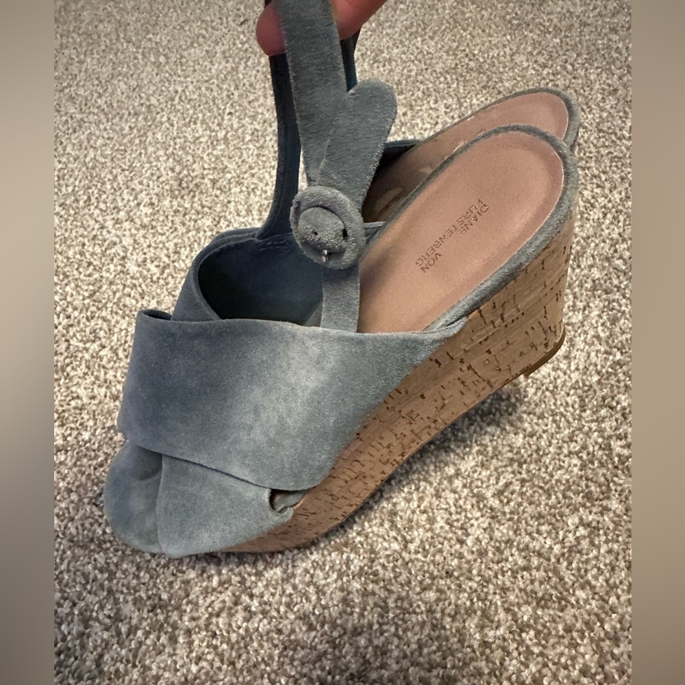 Diane Von Furstenberg Juno Wedge Sandals, Blue Suede, Womens 9